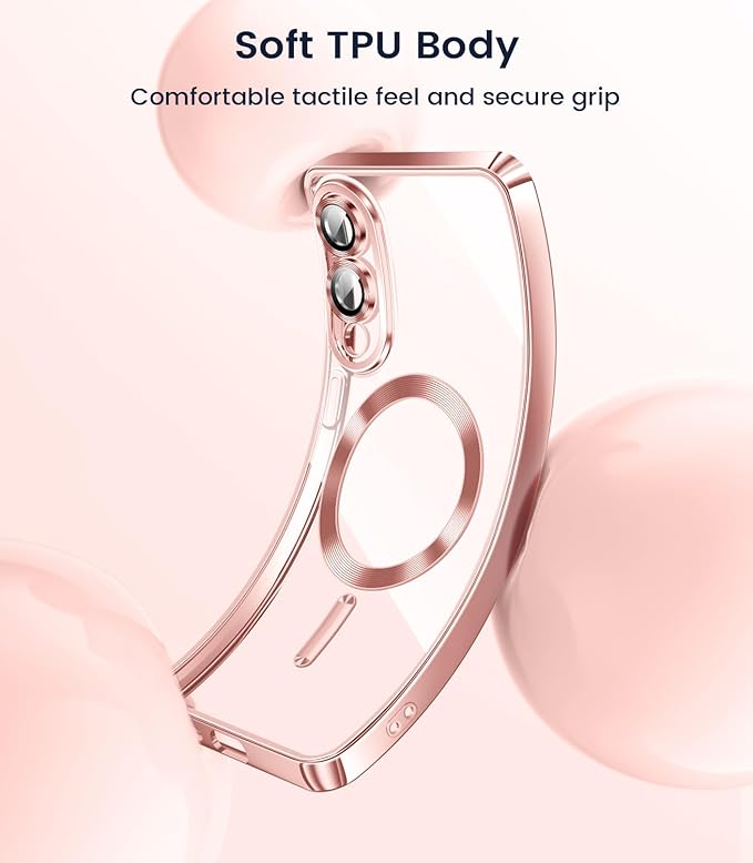 Slim Thin for Samsung Galaxy S25 Edge Case, Compatible with MagSafe, Built-in Camera Lens Protector, Shockproof Protective Phone Case, Soft Electroplated Clear Cover, Rose Gold