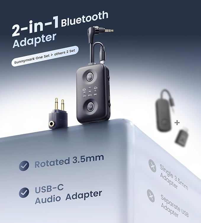 Unique Design Bluetooth 5.4 Transmitter Receiver with Qualcomm aptX Adaptive for Dual AirPods/Headphones, 3.5mm Aux Jack & USB C Bluetooth Adapter for Airplane/TV/PS5/Gym/Phone/Tablet/Car(for TV)