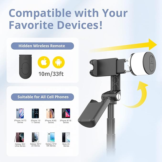 Sensyne Selfie Stick with Light, Phone Tripod with 360° Rotatable Handle Compatible with Cellphones for Selfies/Photography/Video Calls/Live Stream/Content Creating (Black)