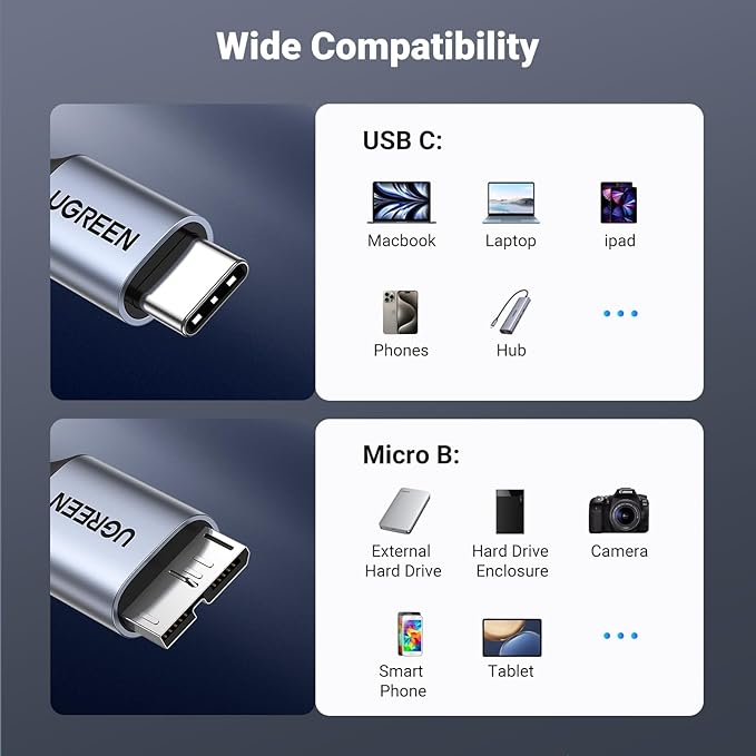 UGREEN 10 Gbps Micro B to USB C Hard Drive Cables, 3.3FT USB C to Micro B, External Hard Drive Cable Compatible with MacBook Pro/Air, iPad/Tablet, iPhone, Samsung Galaxy S24, WD Seagate etc