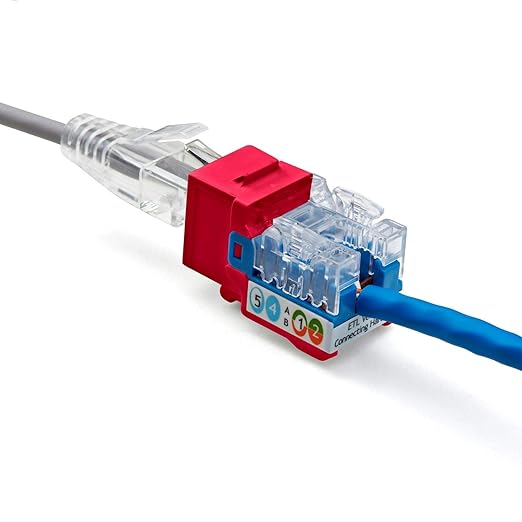 trueCABLE Cat5e Keystone Jack, Unshielded (UTP), 90 Degree Punch-Down, PoE++ (4PPoE) 100W, UL Listed, ETL Verified, ANSI/TIA Certified, Modular RJ45 Female, Red, 24 Pack