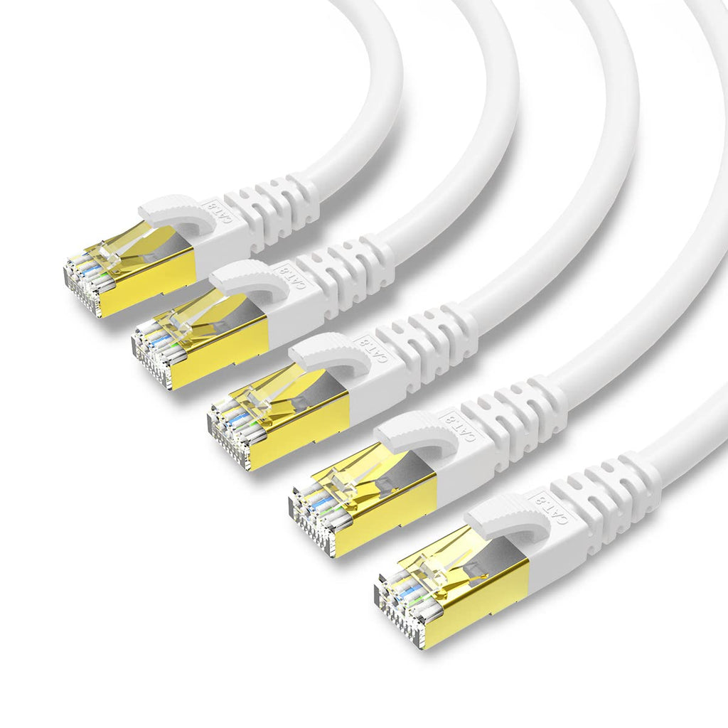 KASIMO CAT 8 Ethernet Cable SFTP Internet Network Patch Cord, Heavy Duty High Speed LAN Cables w Gold Plated RJ45 Connector Professional for Router, Modem, Gaming, Xbox (6 Feet, 5 Pack White)