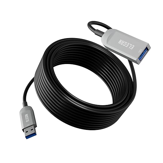Elecan Active Optical USB 3.0 Extension Cable 50 FT Fiber Optic Type A Male to Female USB Extension Cord USB Extender 5Gbps Data Transfer for Webcam,Gamera, USB Hub, Keyboard, Hard Drive, Printer