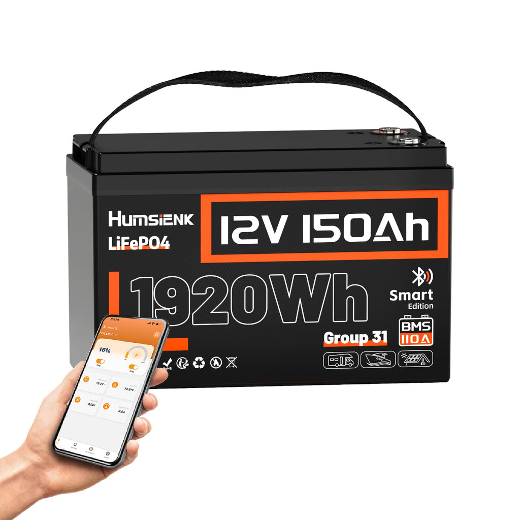 HumsiENK 12V 150Ah LiFePO4 Lithium Battery BCI Group31 Bluetooth- Built-in 110A BMS, Deep Cycle Battery for Solar, RV, Marine, Off-Grid Applications - 15000+ Life Cycles, Safe & Lightweight