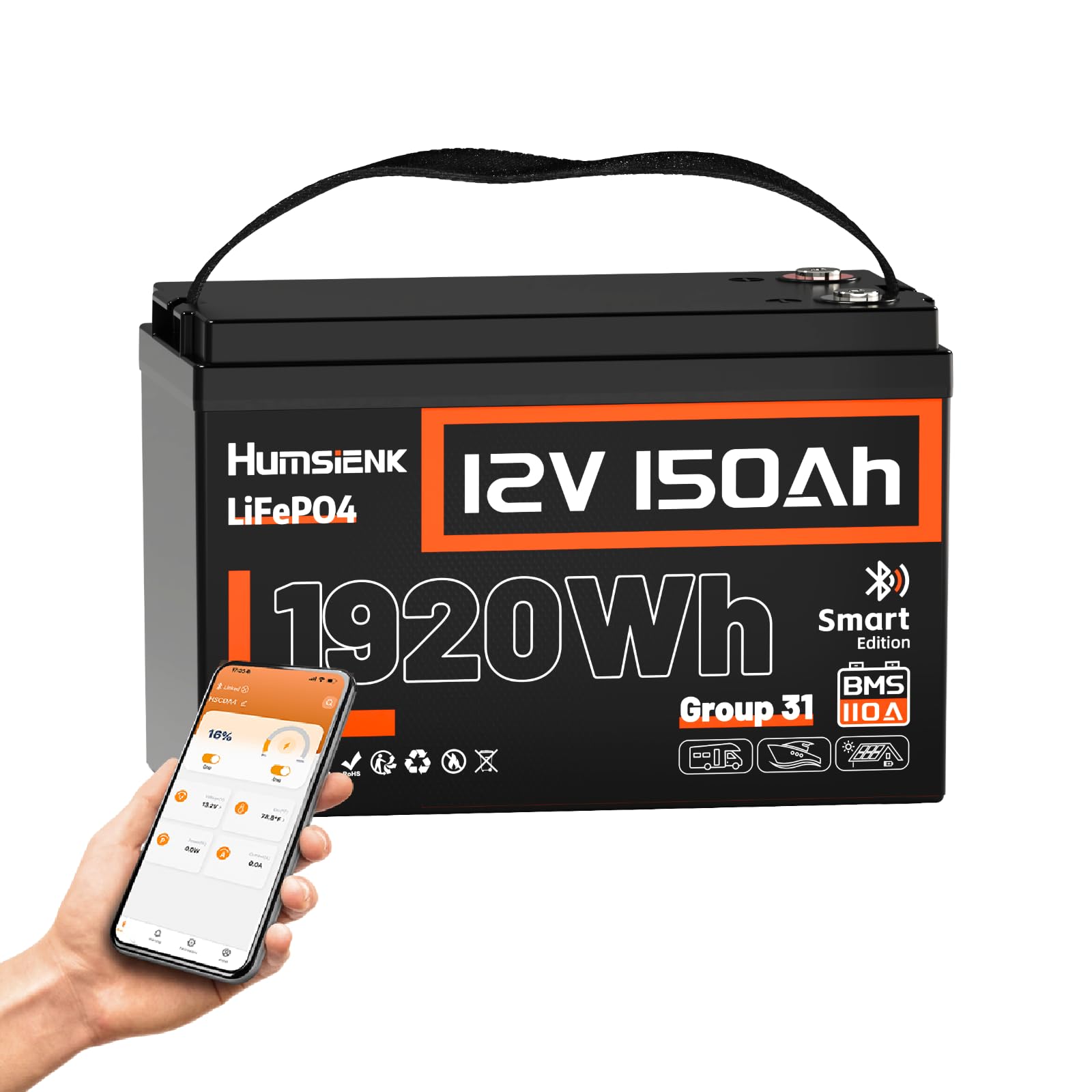 HumsiENK 12V 150Ah LiFePO4 Lithium Battery BCI Group31 Bluetooth- Built-in 110A BMS, Deep Cycle Battery for Solar, RV, Marine, Off-Grid Applications - 15000+ Life Cycles, Safe & Lightweight
