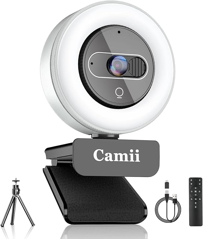 4K Webcam with Light, HD Webcam for PC with Remote Control, Built-in Privacy Cover, Adjustable Brightness, Noise Reduction Mics, for Zoom Skype Teams Laptop and Google Meet