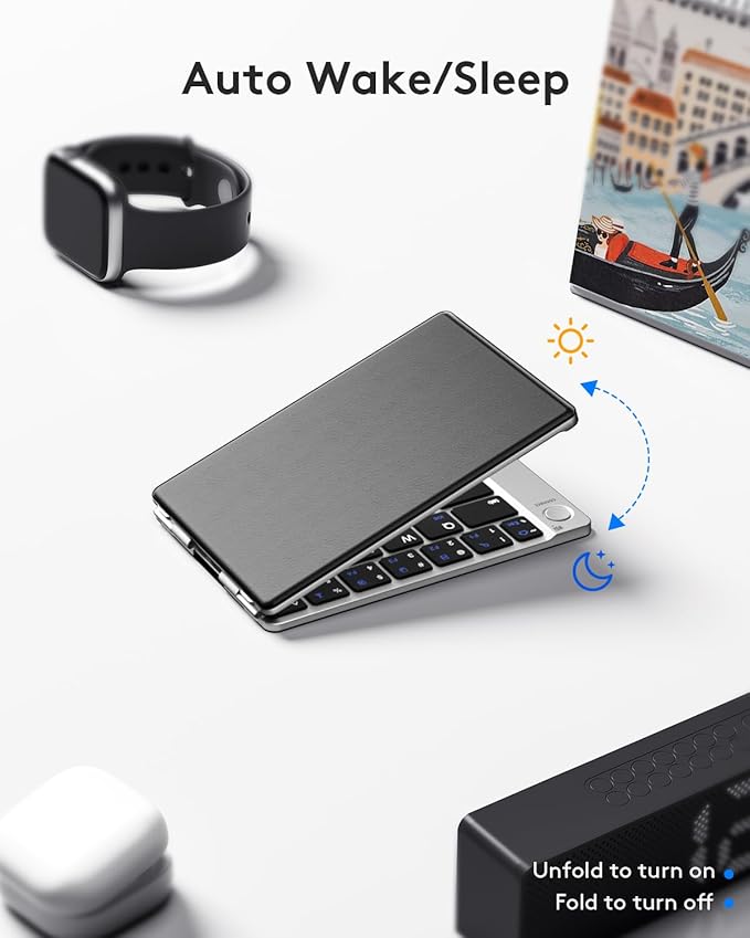 Samsers Foldable Bluetooth Keyboard - Portable Wireless Keyboard with Stand Holder, Rechargeable Full Size Ultra Slim Folding for iOS Android Windows Smartphone Tablet and Laptop, Silver