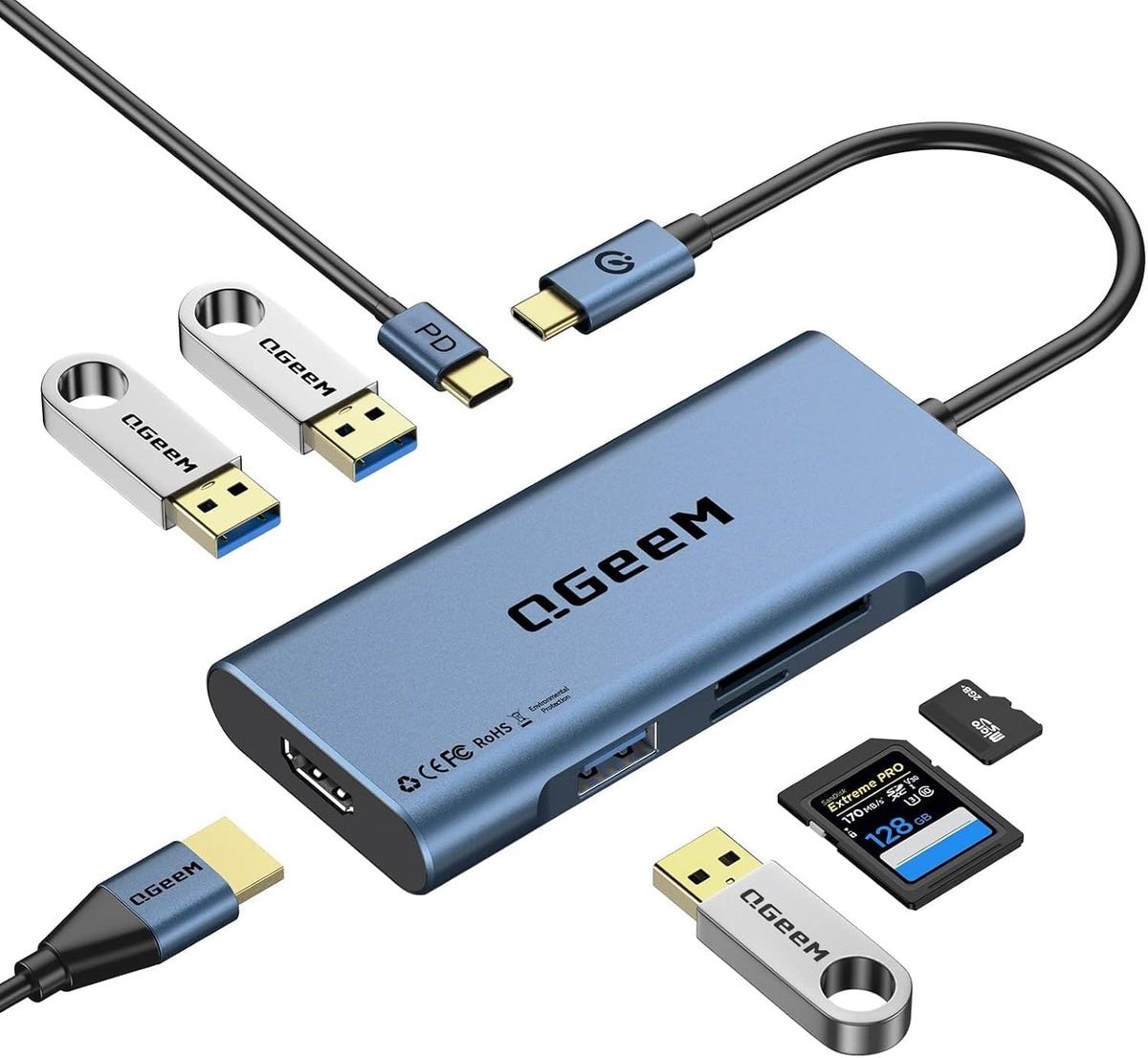 USB C Hub, QGeeM USB 4k to HDMI Adapter, 7 in 1 USB-C Dongle with 100W PD,USB 3.0, Card Reader, Compatible for MacBook iPhone 15/17 Ipad Pro max,Chromebook Laptop USB Type C Dock-Purple