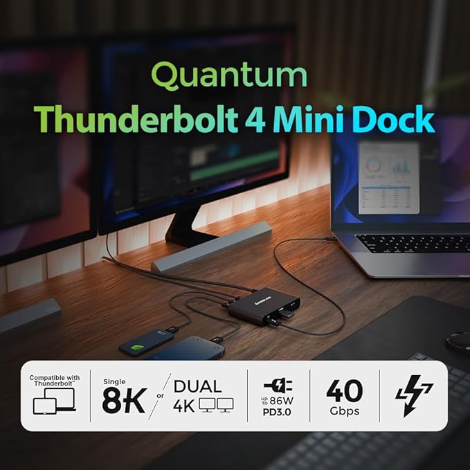 IOGEAR Quantum Thunderbolt 4 Mini Dock, Single 8K / Dual 4K Display, Up to 3 USB-C or Thunderbolt 4 Devices, 40 Gbps (Win 10, 11 / Mac M2 Pro M3 Pro) GTD4MHTAA