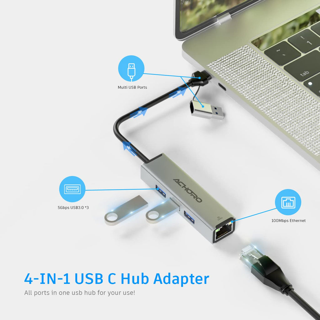 ACHORO Multi-Function USB to Ethernet Adapter with LAN – Built-in USB A & USB C, Extra 3 USB Connections with RJ45, Aluminum Alloy, for PC & Mac (LAN & USB Ports)