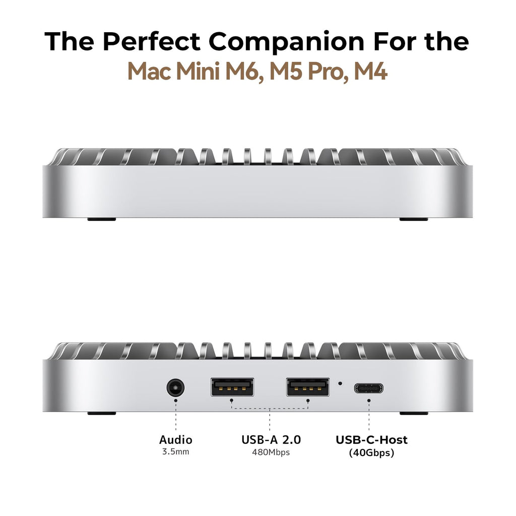 40Gbps Aluminum Hub & Stand for New Mac mini M6, M5 Pro, M4/M4 Pro Mac mini with 40Gbps NVMe/M.2 SSD Enclosure, 2X USB-A, USB-C Host, 3.5mm Audio – Compatible with All New Mac mini M4/M4 Pro