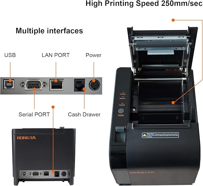 Rongta Thermal Receipt Printer, 80mm Receipt Printers, Thermal Pos Printer with Auto Cutter Support Cash Drawer,USB Serial Ethernet Support ESC/POS, Compatible with Windows/Mac/Linux