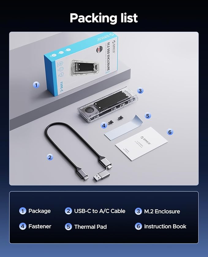 ORICO 40Gbps M.2 NVMe SSD Enclosure with Built-in Cooling Fan, Tool-Free External Hard Drive Enclosure, Support 2230 2242 2260 2280(M Key), Compatible with Thunderbolt 3/4 USB4/3.2/3.1/3.0/2.0-TCM2U4
