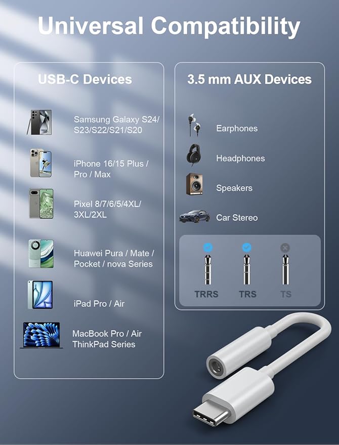 USB-C to 3.5mm Audio Headphone Adapter - HiFi 200 Pack Compatible with Apple iPhone 16 15 Samsung Galaxy S25 S24 S23 S22 S21 Plus Pro Max Ultra Pixel iPad - Type C to Aux Cord Jack Dongle Adapter