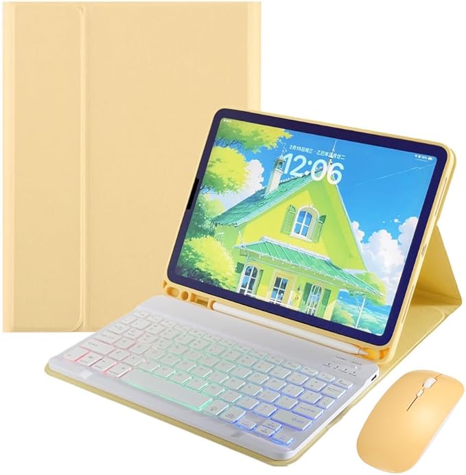 for iPad mini 7 (A17 Pro)/ iPad mini 6th 7th Generation Keyboard Case with Mouse and Rainbow Backlit Detachable Bluetooth Keyboard Cover,Yellow