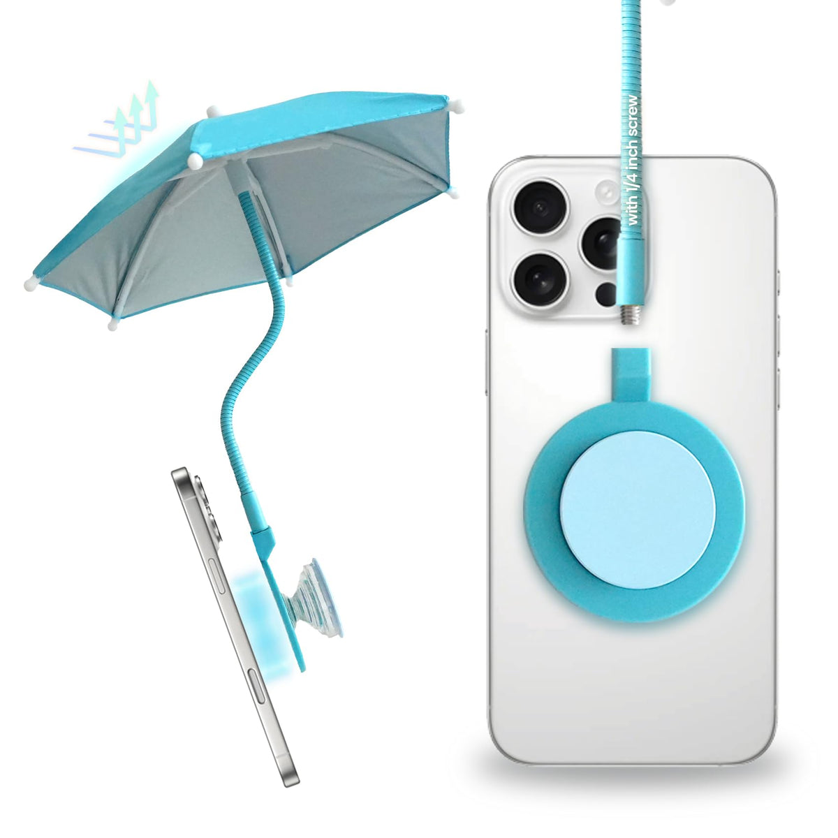 On The Grip 3 in 1 Magnetic Umbrella Sunshade Collapsible Expandable Phone Grip & Stand - Elegant Magsafe Compatible Phone Holder for Secure Grip and Hands-Free Viewing (Sky Blue)