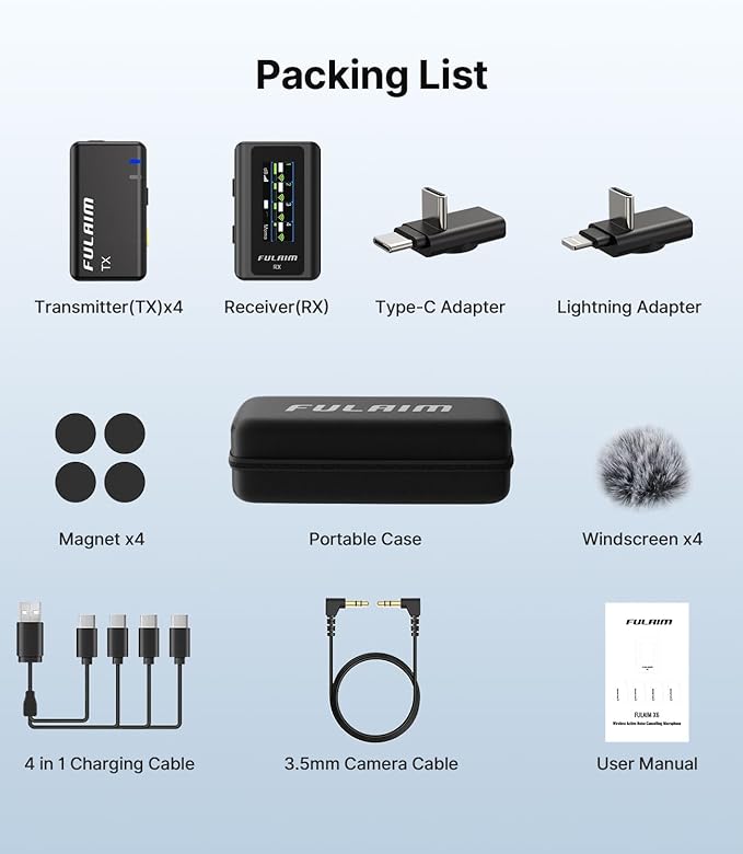 FULAIM X6 Wireless Lavalier Microphones with 4 Transmitter for iPhone, iPad, Android, Camera, Lapel Mic with 48KHz 24Bit, Noise Cancellation for Video Recording, Vlog, YouTube, TikTok