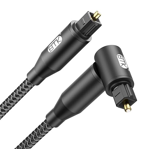 EMK 90 Degree Right Angle Optical Audio Cable [6ft/2M] - 360° Rotatable Digital Toslink SPDIF Cable for Soundbar to TV, Home Theater - Black Fiber Optic Cable with Angled Connector
