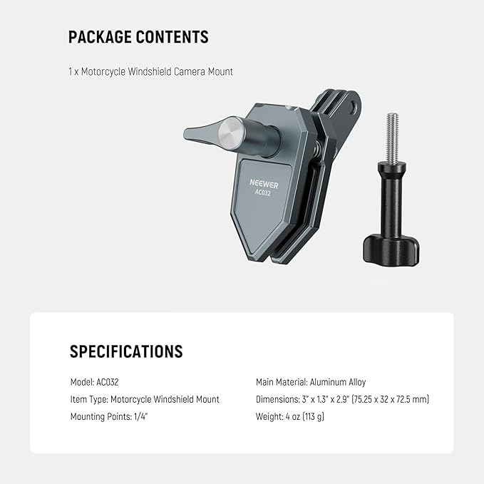 NEEWER Motorcycle Windshield Action Camera Clamp Mount, Aluminum Alloy Clip with 3 Prong Adapter & 1/4" Screw Hole Compatible with GoPro Hero 13 12 DJI Adapters for POV Video Recording, AC032