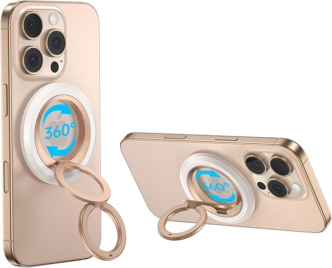 SYNCWIRE Magnetic Phone Ring Holder for MagSafe, 360° Rotation Dual Sided Magnet Grip Cell Phone Ring Stand Finger Kickstand Compatible with iPhone 16 15 14 13 12 Pro Max fits MagSafe - Pearl Gold