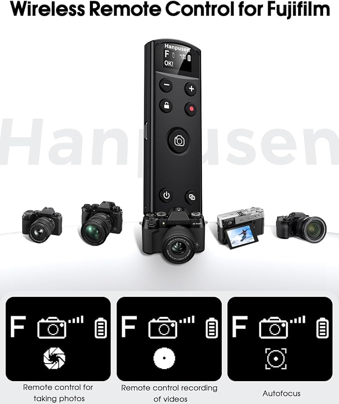 for Fujifilm Camera Remote Control, Hanpusen Rechargeable Wireless Shutter Release with OLED Screen for Fujifilm X100 VI/X-M5/X-T30 II/X-E5/X-T5/X half/X-H2S/X-T30/X-T4/X-T3/X-S20/X-S10/X-T50/X-H2