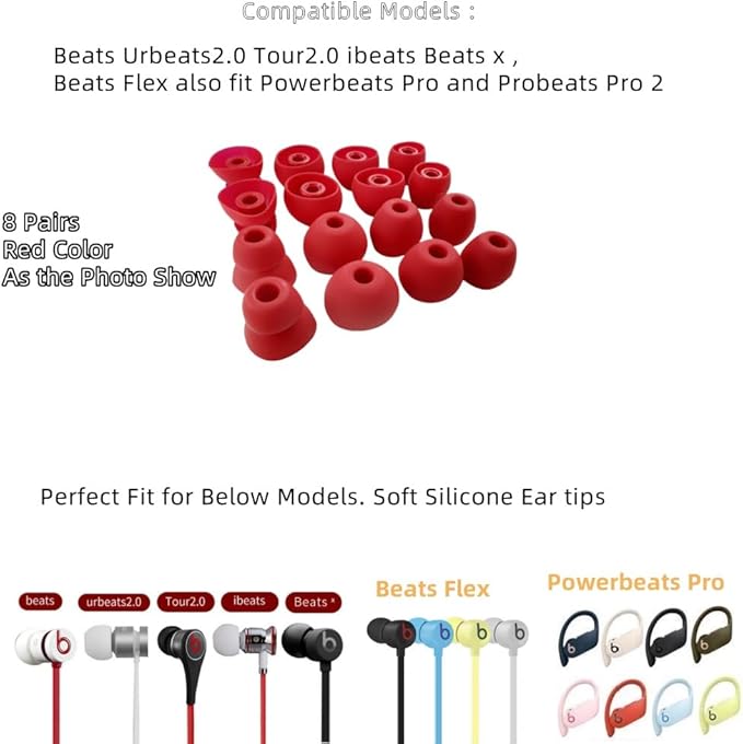 Replacement Ear Tips for Beats Urbeats2.0 Tour2.0 ibeats Beats x, Beats Flex Secure Fit for Powerbeats Pro Silicone Earbuds Washable Sweat-Resistant Noise Isolation 8 Pairs (Red)