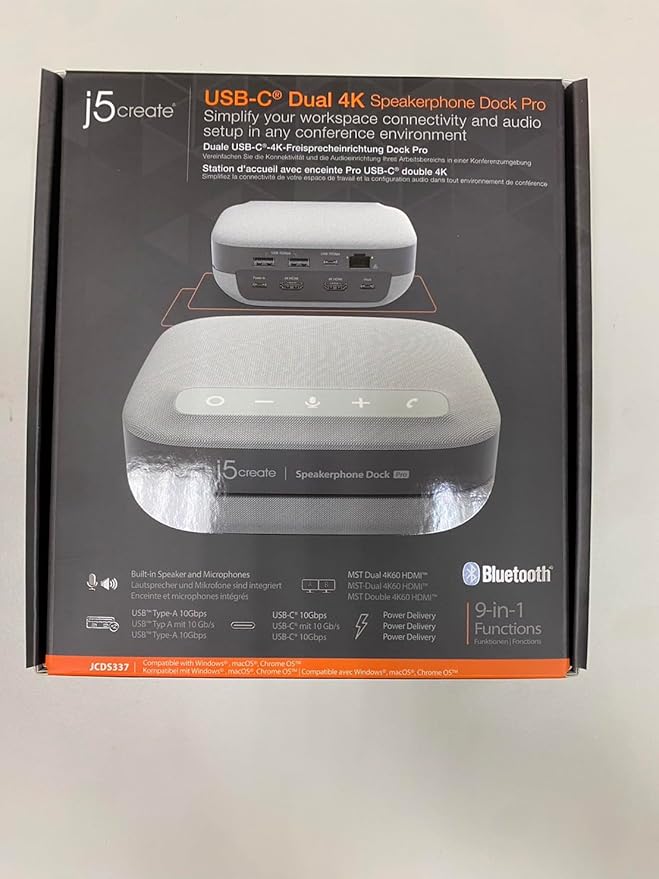 j5create USB-C Dual 4K Speakerphone Dock Pro, Dual 4K HDMI Audio Dock for Video Conference, USB-A x 2, USB-C, Gigabit ethernet, Pass-Through Charging - Works with Teams, Zoom (JCDS337)