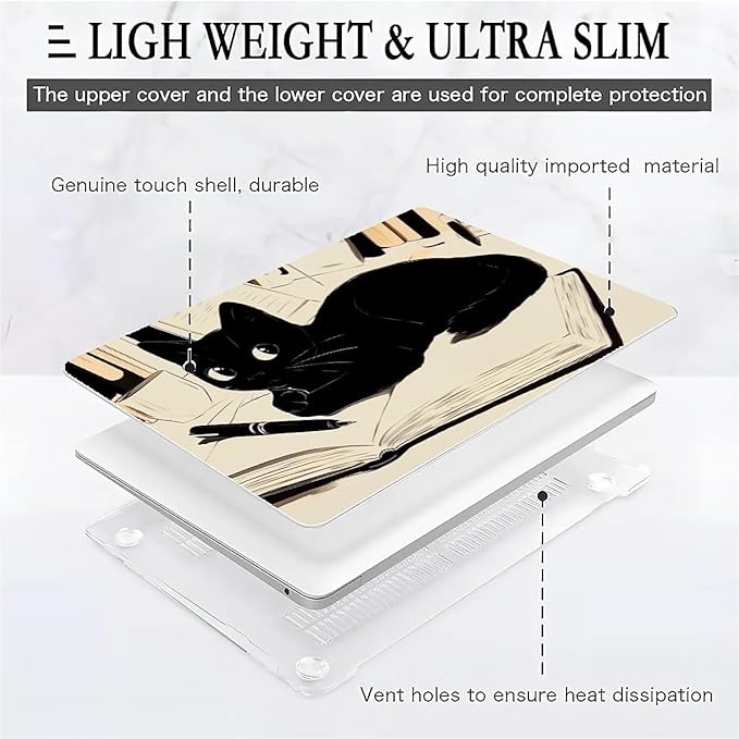 Compatible with MacBook Air 13.3 13.6 Inch Case 2022 2021 2020 2019 Plastic Hard Shell Case Cover,13.6 Air (A2681) M2 2022, Black Cat