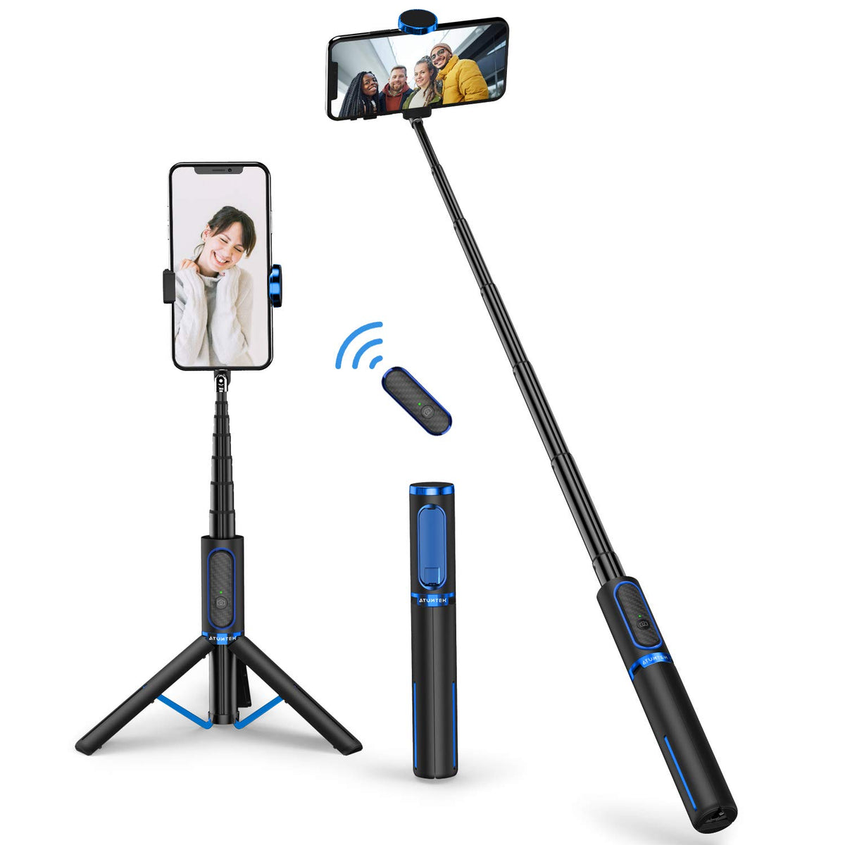 ATUMTEK Selfie Stick Tripod, 3-in-1 Extendable Aluminum Phone Tripod with Detachable Bluetooth Remote, Compatible with iPhone 17/16/15/14/13/12/11/11 Pro/XS Max/XR and Samsung Smartphones, White