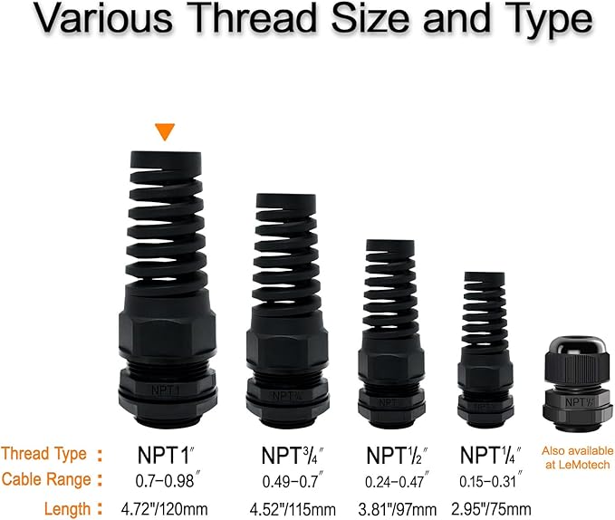 LeMotech 5Pcs NPT 1" IP68 Waterproof Cable Gland Flex Spiral Strain Relief Black Nylon Joint with Gaskets for 18-25mm Wire Thread