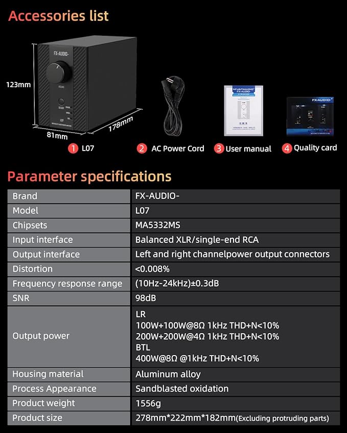 FX-Audio- L07 Stereo Audio Amplifier 200W x2 MA5332MS 2 Channel Class D Power Amp Bridgeable BTL 400W Hi-Fi Fully Balanced Amp for Passive Bookshelf Desktop Speakers Home Theater