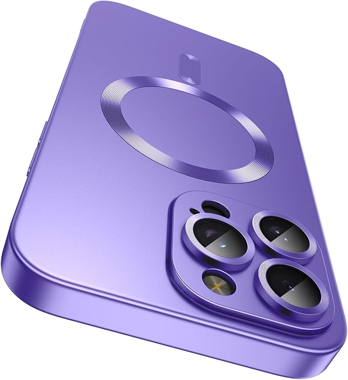 Magnetic for iPhone 15 Pro Max Case [Compatible with MagSafe][Built-in Camera Lens Protector] Slim Soft Silicone Bumper Shockproof Metallic Luster Phone Case (Purple)