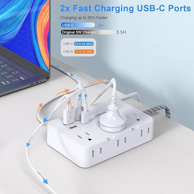Surge Protector Power Strip 5 Ft Cord, Ultra Thin Flat Extension Cord with 6 Outlets 4 USB Ports(2 USB C), Flat Plug Power Strip, Braided Power Cord for College Dorm Room Essentials
