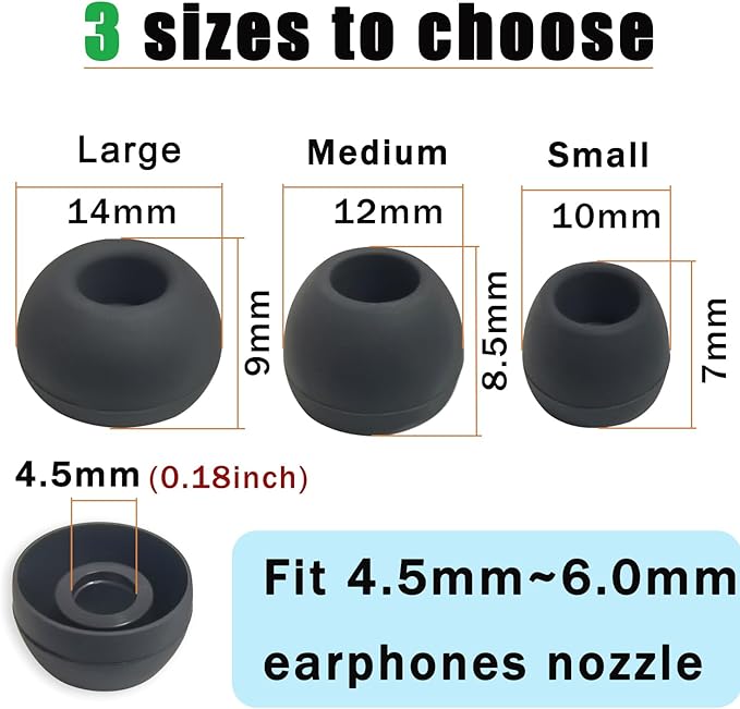 Silicone Earbuds Tips Replacement for True Wireless Earbuds Universal Ear Tips Fit 4.5mm-6mm Nozzle 6 Pairs LMS Black