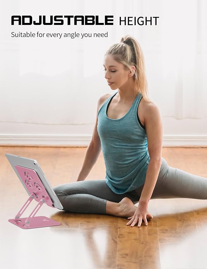 ToBeoneer Adjustable Tablet Stand for Desk, Premium Aluminum Holder for iPads, Tablets, Kindles, Switch, Phones, and All Devices up to 12 Inches. Portable and Foldable, Pink, Pro Size