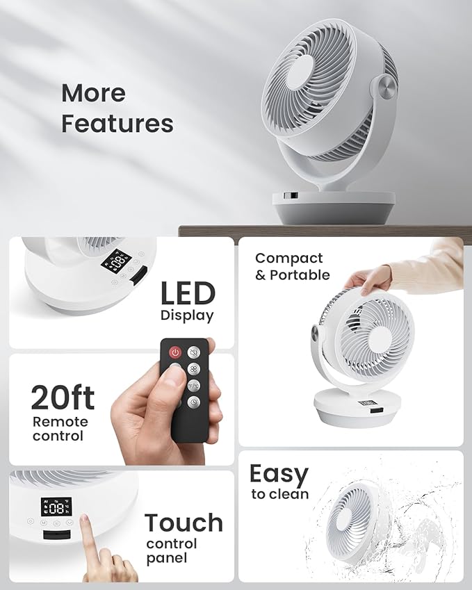 Fan for Bedroom, 13" Air Circulator Fans with Remote, 120°Vertical Manual +90°Oscillating Desk fan, 60ft Powerful Airflow, Portable Fan With 4 Speeds, 4 Modes, 12H Timer, 25dB Quiet Smallfan (White)