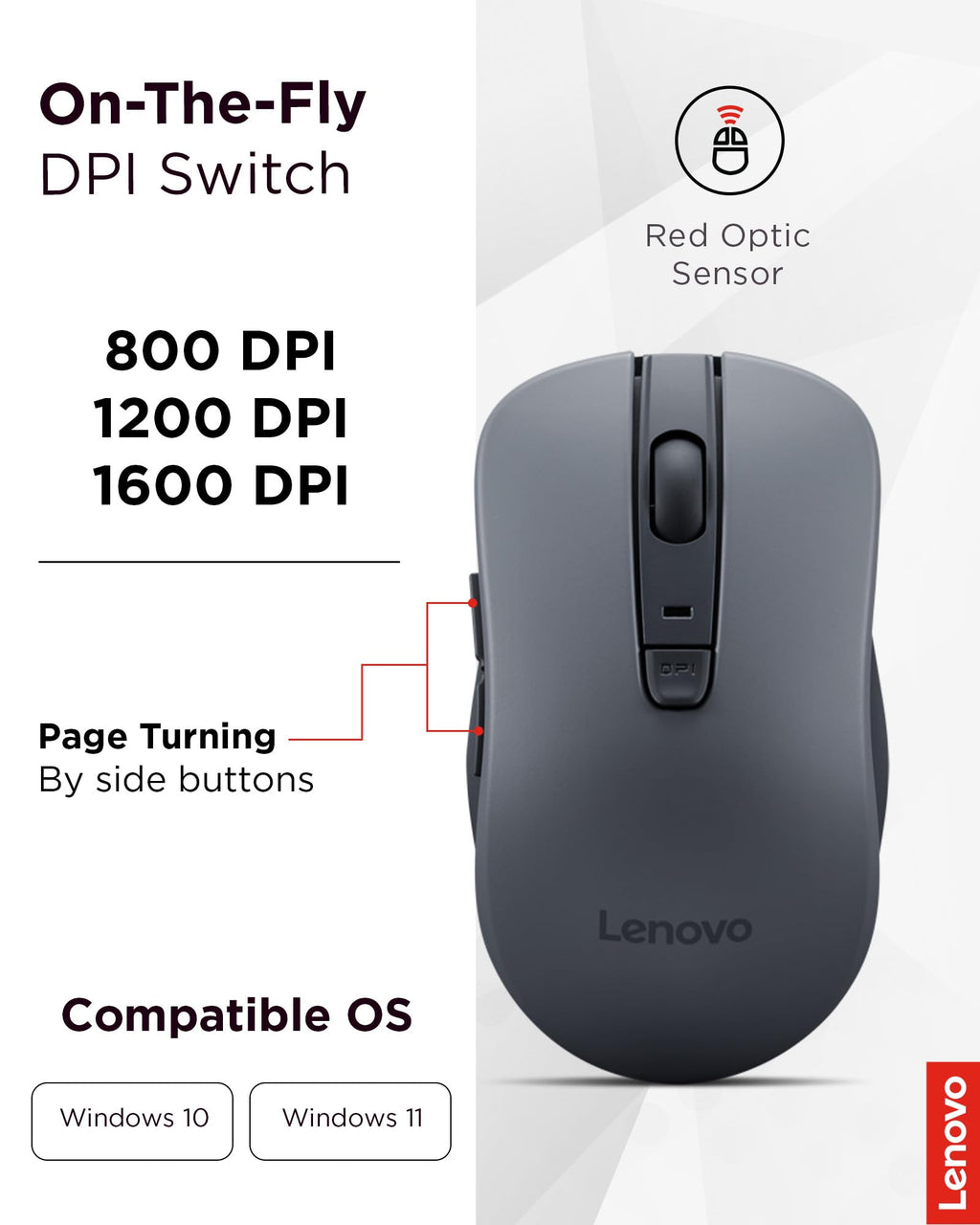 Lenovo WL310 Bluetooth Silent Mouse, Ergonomic, Adjustable DPI, Silent Clicks, Bluetooth 5.0, Portable for Windows, Mac, and Chromebook, Grey
