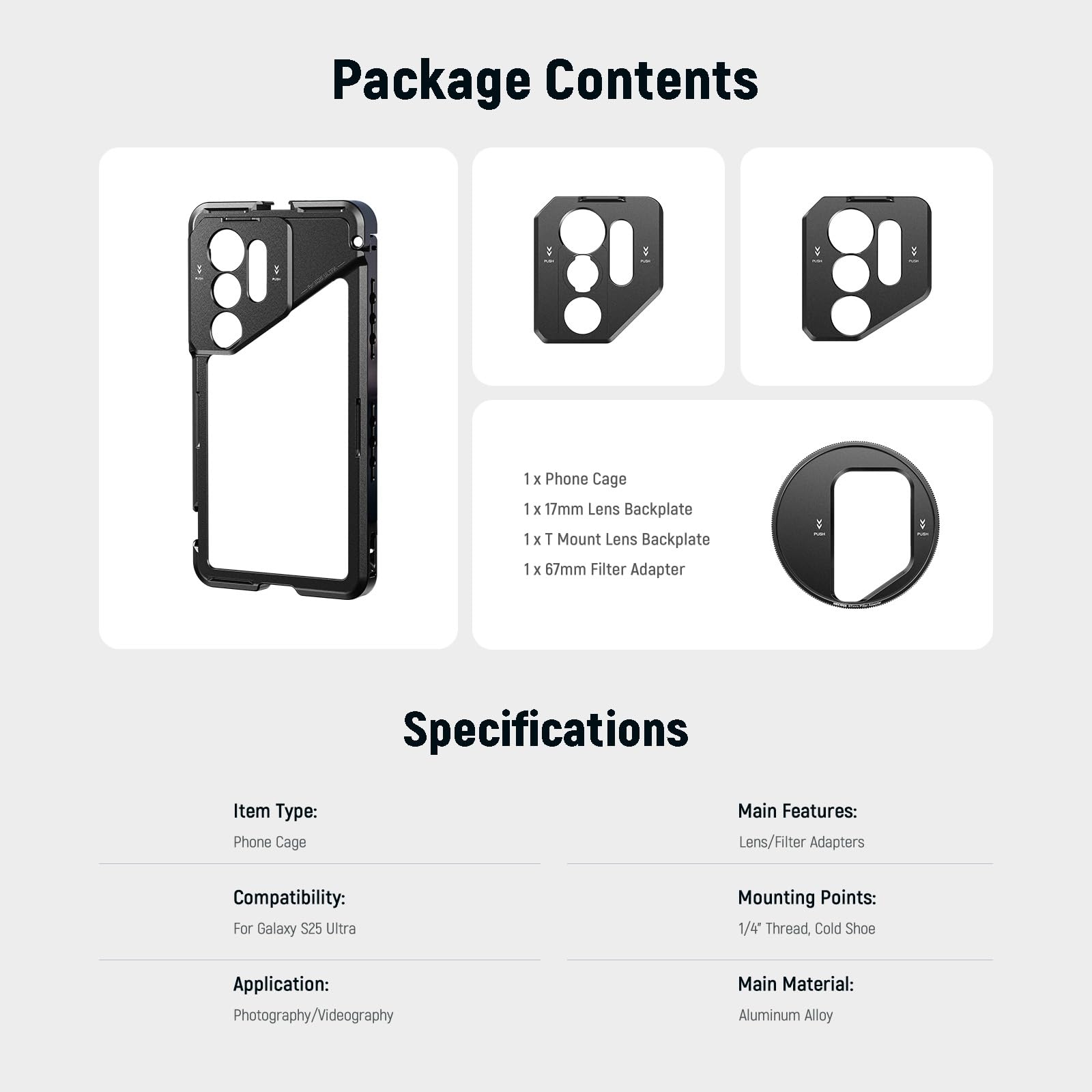 NEEWER S25 Ultra Phone Cage, Mobile Video Rig Phone Stabilizer with 67mm Filter Adapter, 17mm Lens Backplate, T Mount Lens Adapter, Compatible with Samsung Galaxy Moment T Series Lenses, PA082