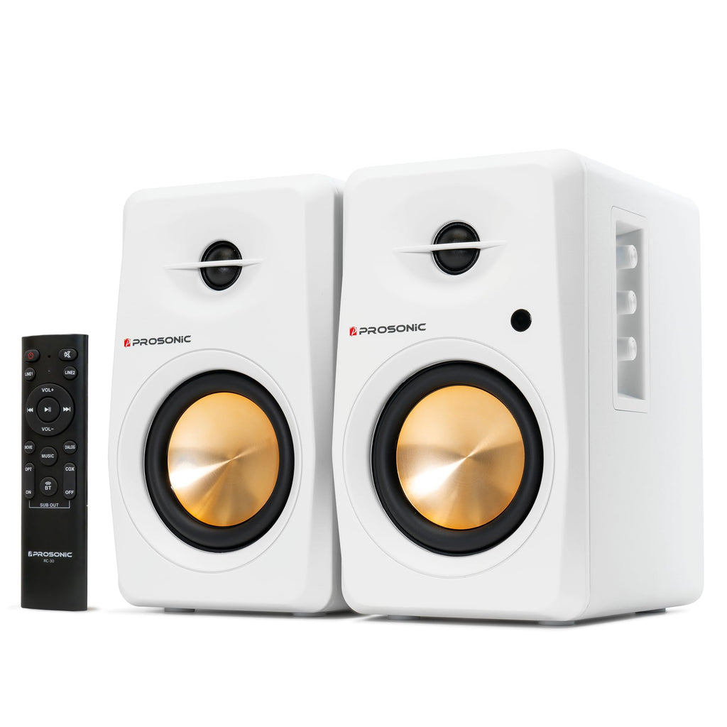Prosonic BT30 White Bookshelf Speakers - Active Bluetooth 5.3 Powered Studio Monitors, 80W Desktop Computer Audio System with Optical/Coaxial/Aux for Turntable, Home Theater, TV & PC