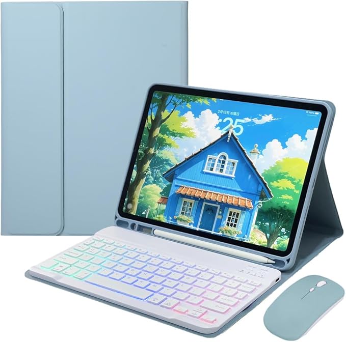 for iPad mini 5th Generation/iPad mini 4 Keyboard Case with Mouse and Rainbow Backlit Detachable Bluetooth Keyboard Cover,Misty Blue
