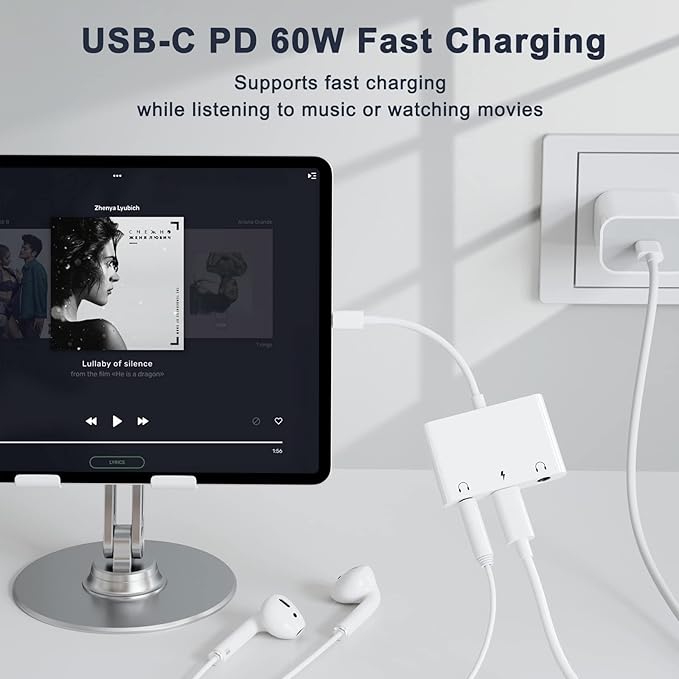 USB C to 3.5mm Audio Adapter, 3 in 1 Aux to USB C Headphone Splitter Dual 3.5mm Audio Jack and PD 60W Fast Charging, Compatible for iPhone 15 16,Galaxy S22 S21/Note 20,Pixel 4 3 XL,Huawei,etc