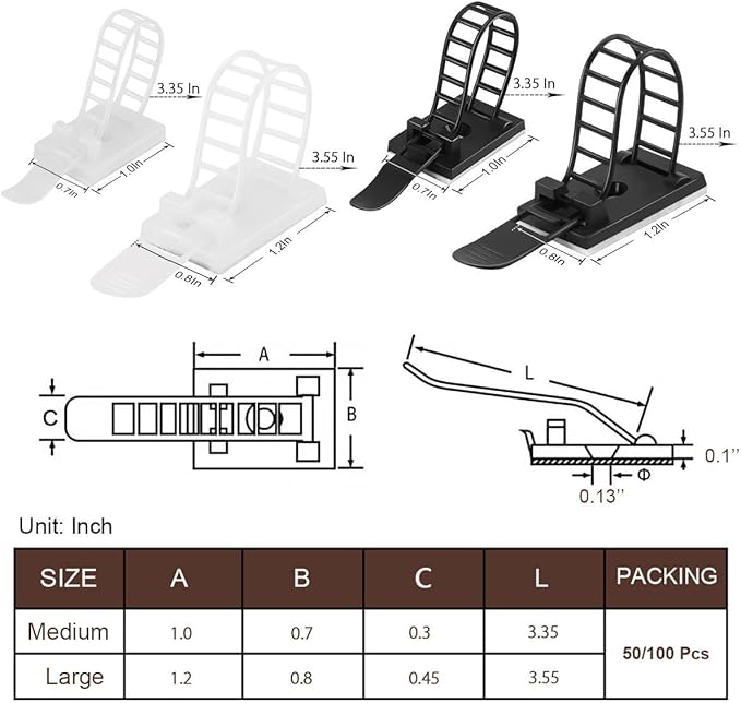 50Pcs Adjustable Adhesive Cable Management Clips, Nylon Cable Strap Ties Wire Clips Clamps Organizer with Strong Adhesive Tape, Extra Screw & Hole for Strong Fixation Home Office - 3.35 Inch Black
