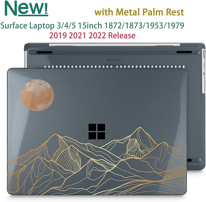 Tuiklol Case for 15 Inch Microsoft Surface Laptop 5/4/3 2022-2020, Model 1979/1953/1872/1873 Hard Shell Cover, Keyboard Cover+Screen Protector+Dust Plugs,Moon and Mountain