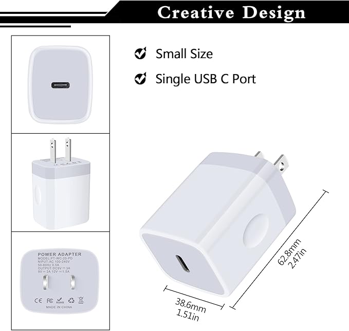 USB C Wall Charger,2Pack 20W USB C Block PD Fast Charger Type C Wall Adapter for iPhone 16 15 14 13 12 11 Pro Max,SE,8 7 6 Plus,iPad,Samsung Galaxy S24 S23 S22 S21 Ultra S20 A14 A15 A33,Pixel 9 8 7 6