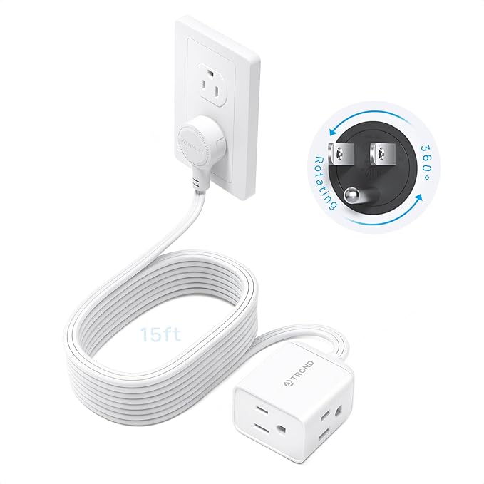 TROND Flat Extension Cord 15ft with 360° Rotating Plug, Low Profile Small Power Strip, 3 Prong Grounded Outlets Cube, 13A, SPT 16/3 AWG Cable, for Indoor Home Office Kitchen Cruise Essentials, White