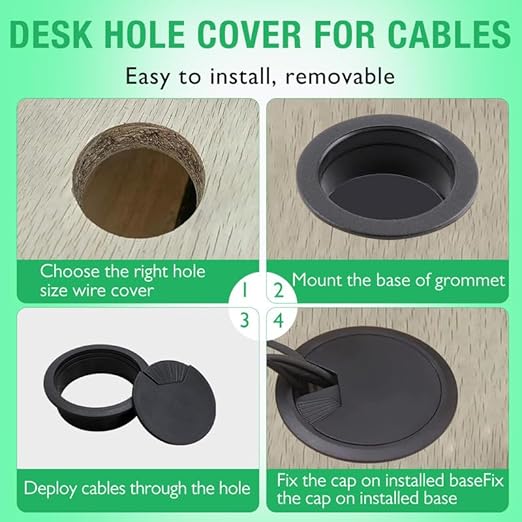 2 Pcs Desk Grommet 2-1/16" / 53 mm, Desk Cord Hole Cover, Cable Grommet ABS Plastic, Desk Hole Grommet for Home & Office Pc, Detachable Adjustable Cable Cord Organizer-Black