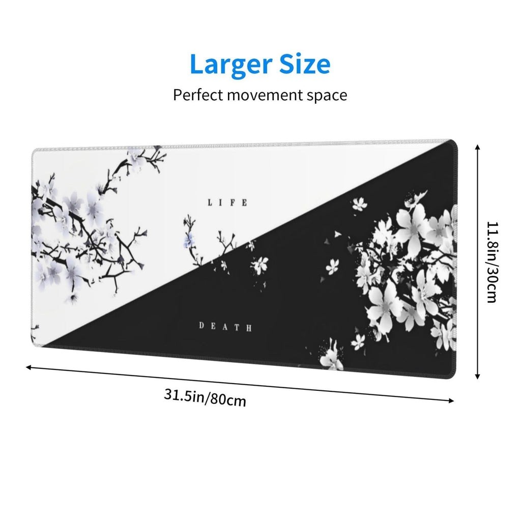 Japanese Life Death Keyboard Mat, Black White Japanese Anime Gaming Mouse Pad for Desk with Anti-Slip Rubber Base and Stitched Edges, Japanese Sakura Pagoda Sun Mouse Pad