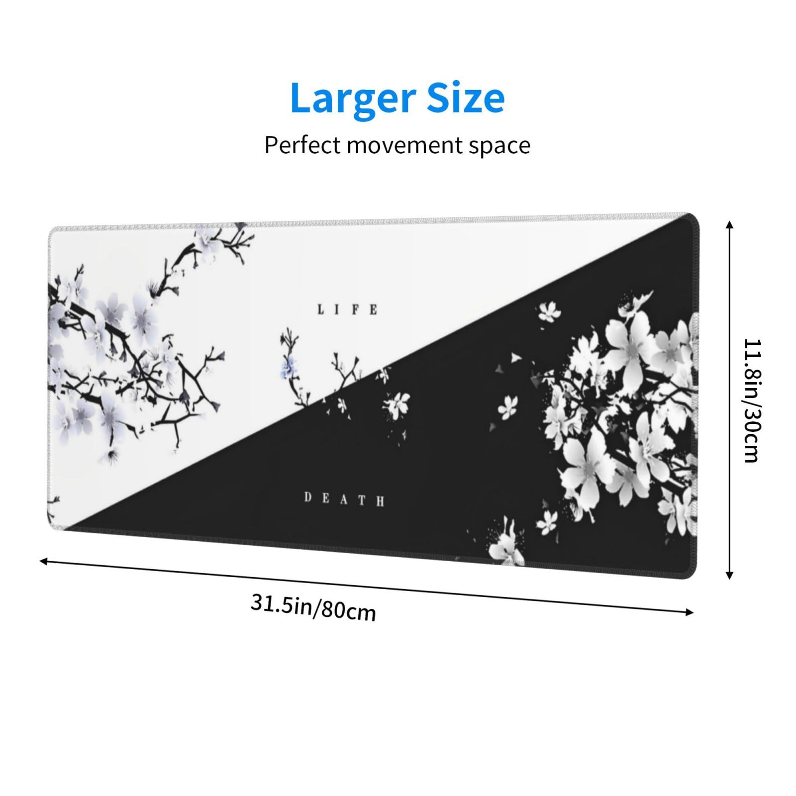 Japanese Life Death Keyboard Mat, Black White Japanese Anime Gaming Mouse Pad for Desk with Anti-Slip Rubber Base and Stitched Edges, Japanese Sakura Pagoda Sun Mouse Pad