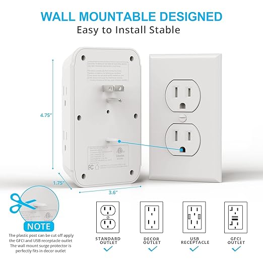 Wall Charger, Surge Protector, 6 Outlet Extender with 3 USB Charging Ports (1 USB C, 3.4A) 900J Wall Mount Power Strip Multi Plug Outlets for Home Travel Office ETL Listed