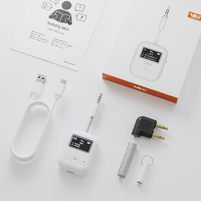 1Mii Bluetooth Transmitter for Airplane, Bluetooth 5.3 Adapter for TV,Airplane Travel Essentials, Aptx Low Latency Wireless Audio Aux for Headphones, Any 3.5mm Jack,Linking 2 Devices (White)